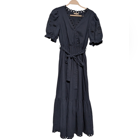 Moon River Dresses & Skirts - Moon River Navy Eyelet Puff-Sleeve Tie-Waist Maxi Dress